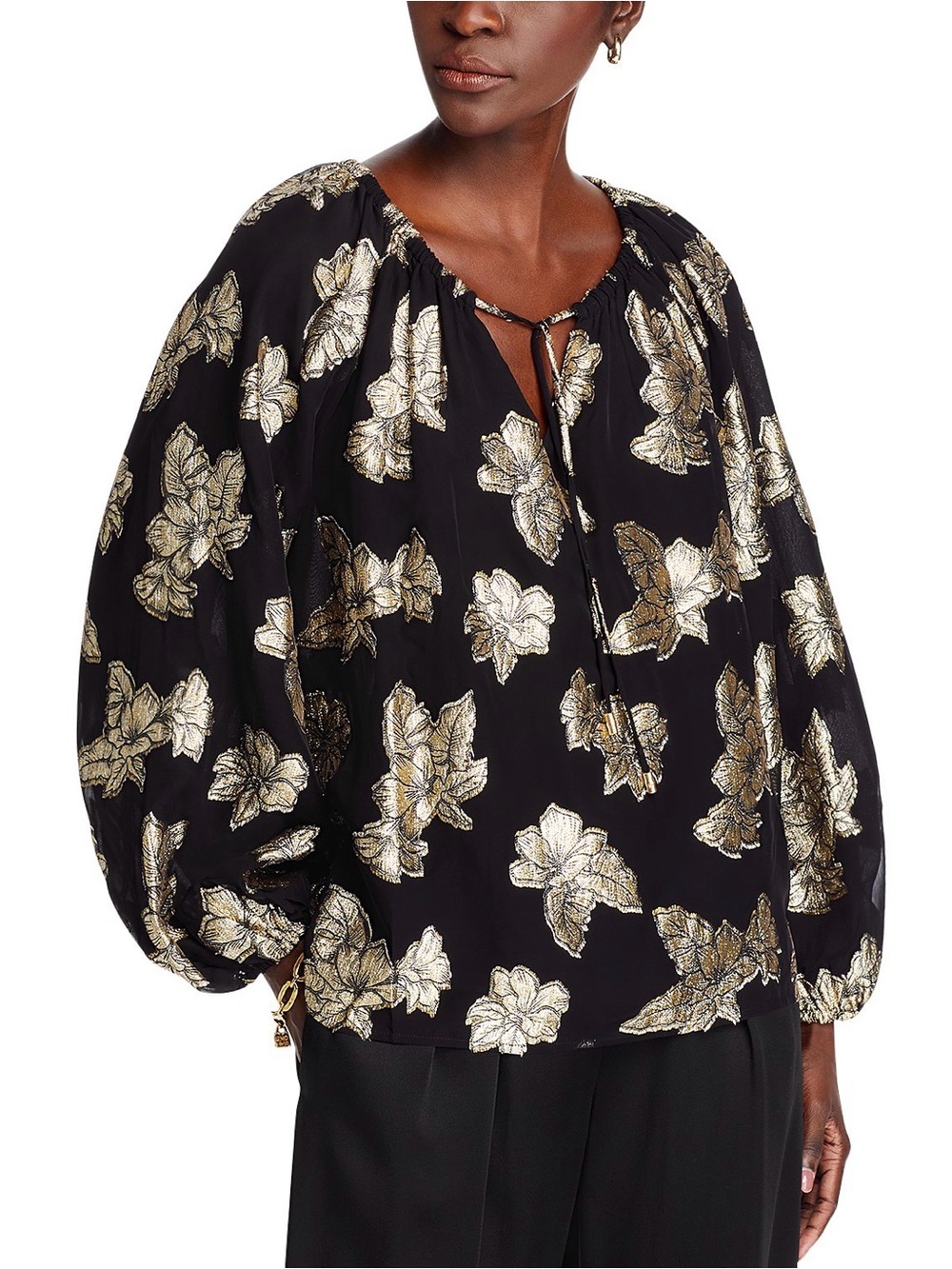 NWT Tommy Bahama Shimmering Shores Tie Neck Blouse Black Gold Size S/P